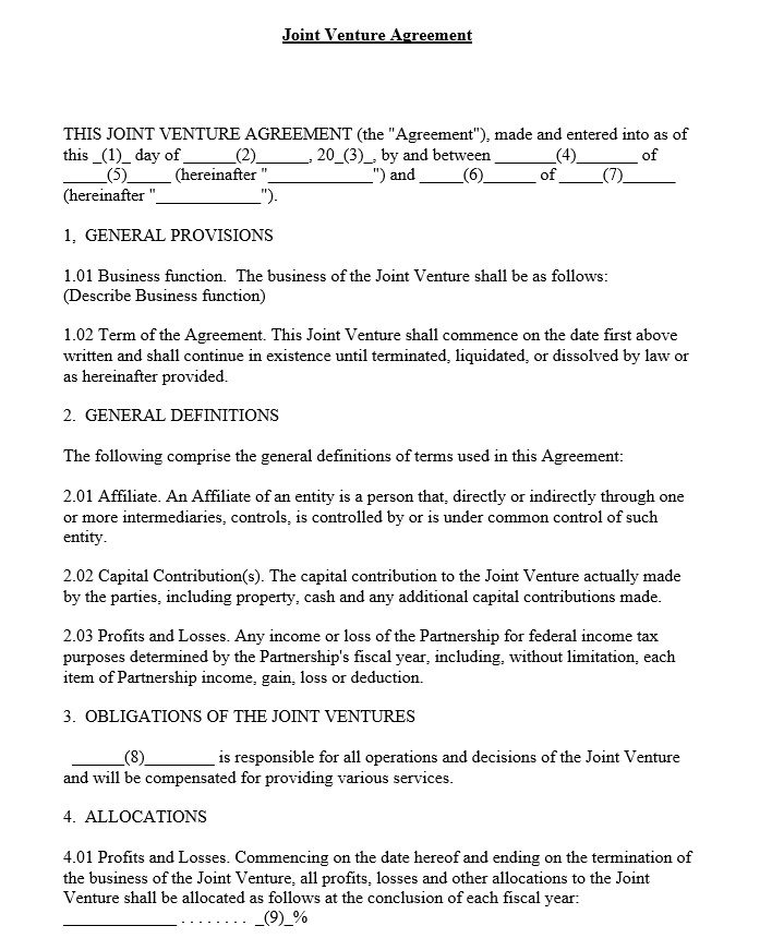 Joint Venture Agreement Format