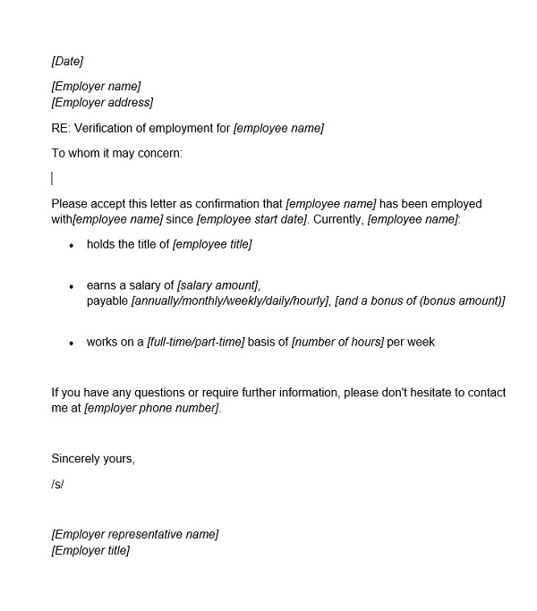 Proof of employment letter example