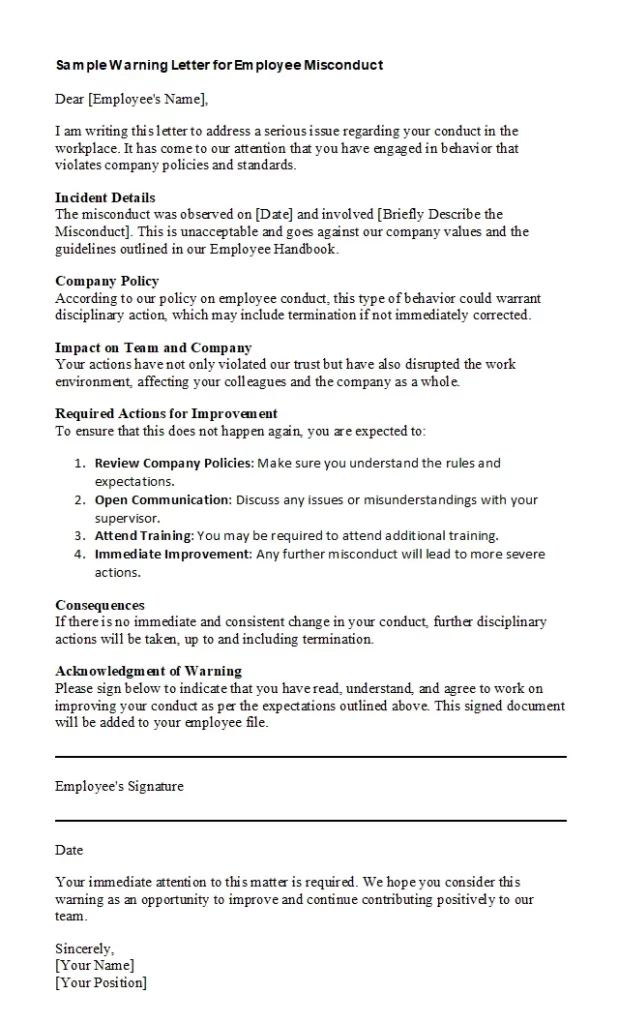 Sample Warning Letter for Employee Misconduct
