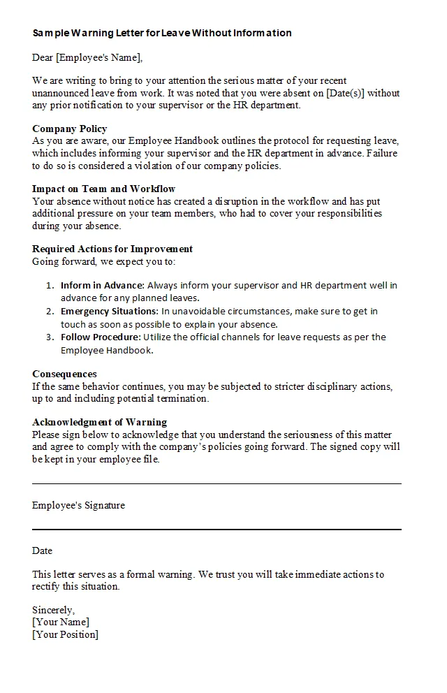 Sample Warning Letter for Leave Without Information