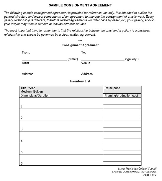 Sample consignment agreement