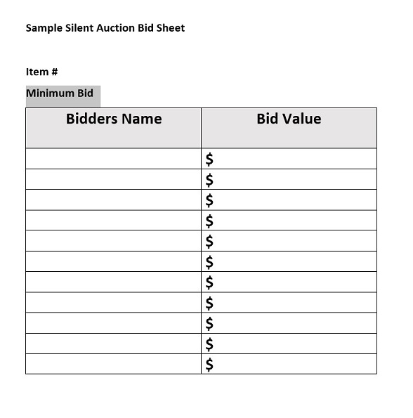 Silent Auction Bid Sheet Sample