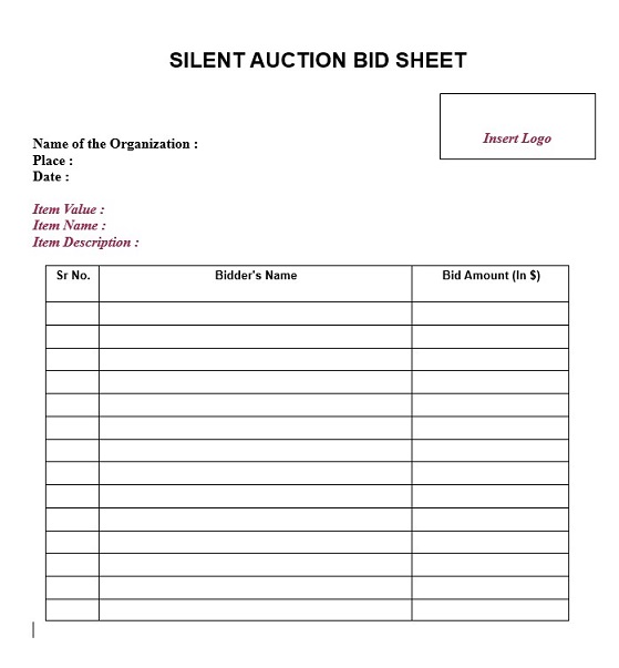 Silent Auction Bid Sheet Template