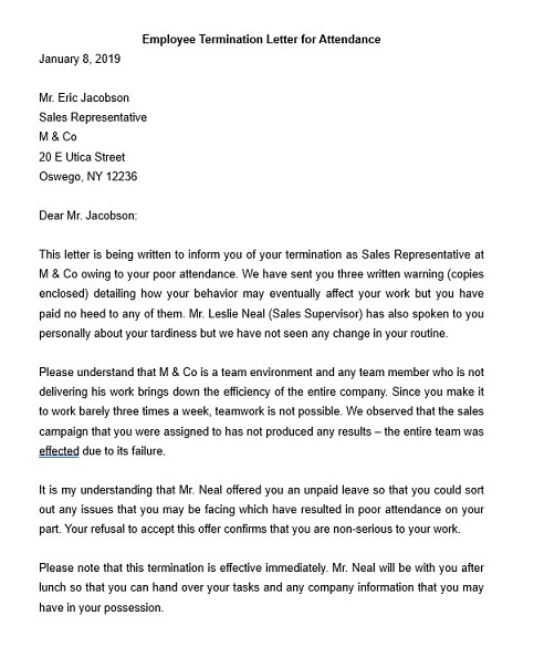 Termination letter for employee