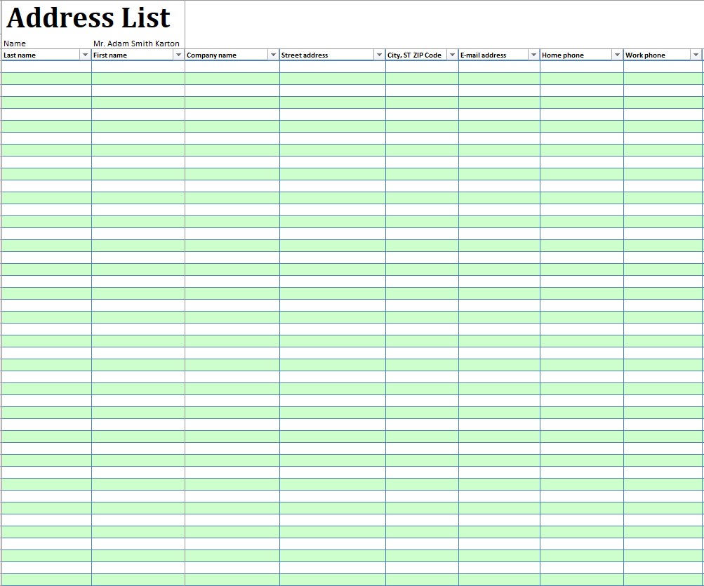address list template