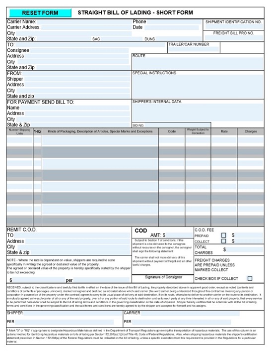 bill of lading form pdf