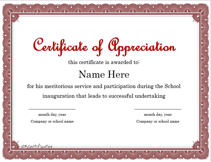 certificate of appreciation template word