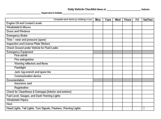 daily vehicle checklist