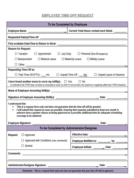 Employee Time Off Request Form Template Free