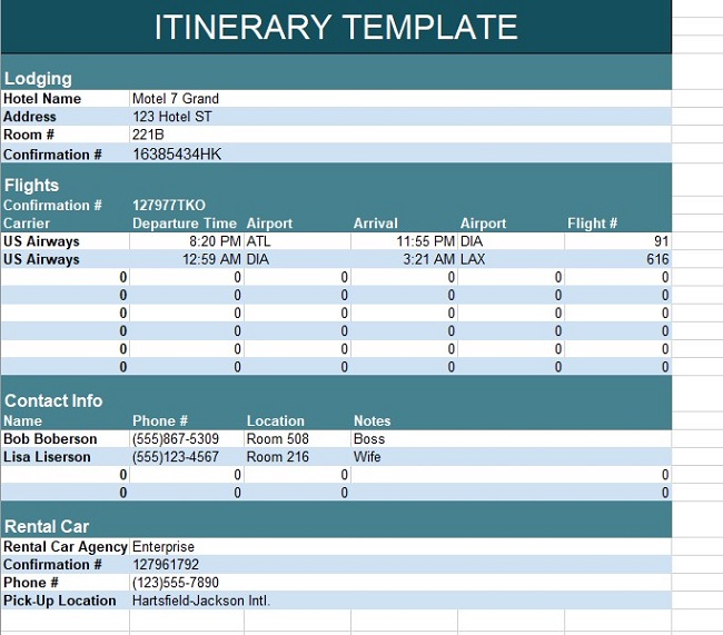 itinerary template excel