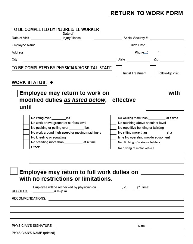 Medical Return to Work Form
