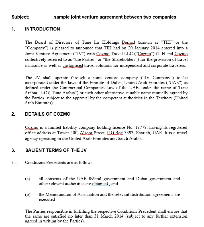 sample joint venture agreement between two companies
