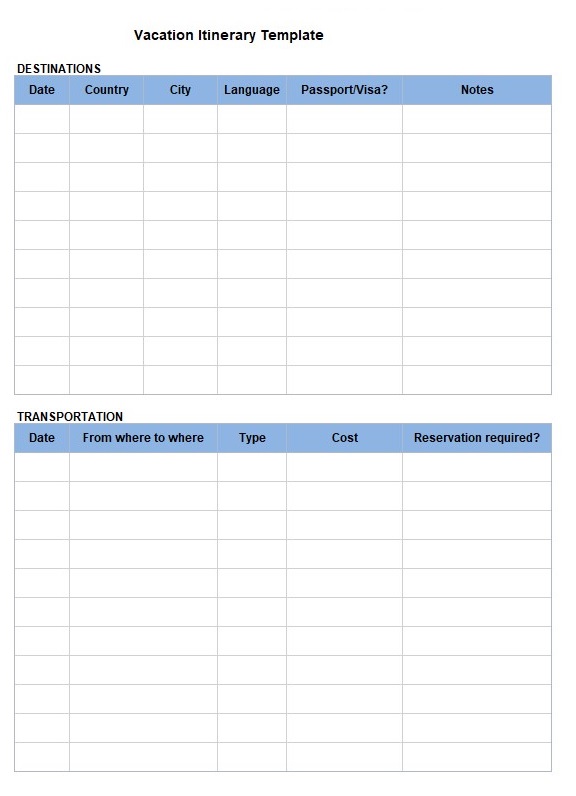 vacation itinerary template