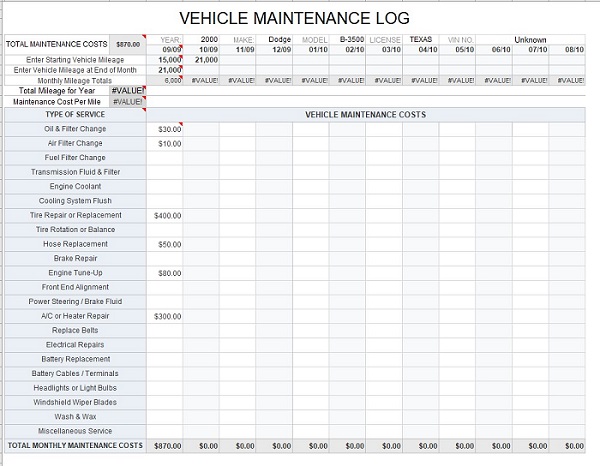 vehicle maintenance log excel