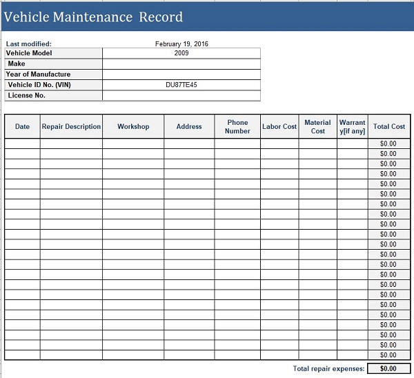 vehicle maintenance record