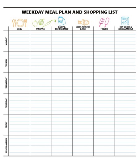 weekday meal plan and shopping list