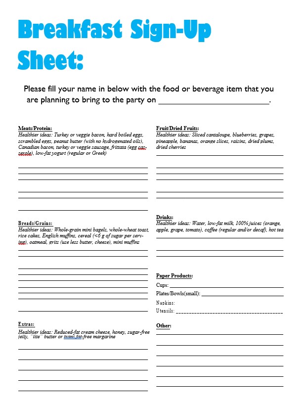 Breakfast Sign Up Sheet