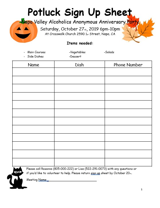 Halloween Potluck Sign Up Sheet