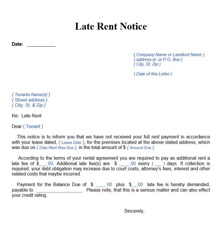 Late Rent Fee Notice - Example of Late Rent Notice