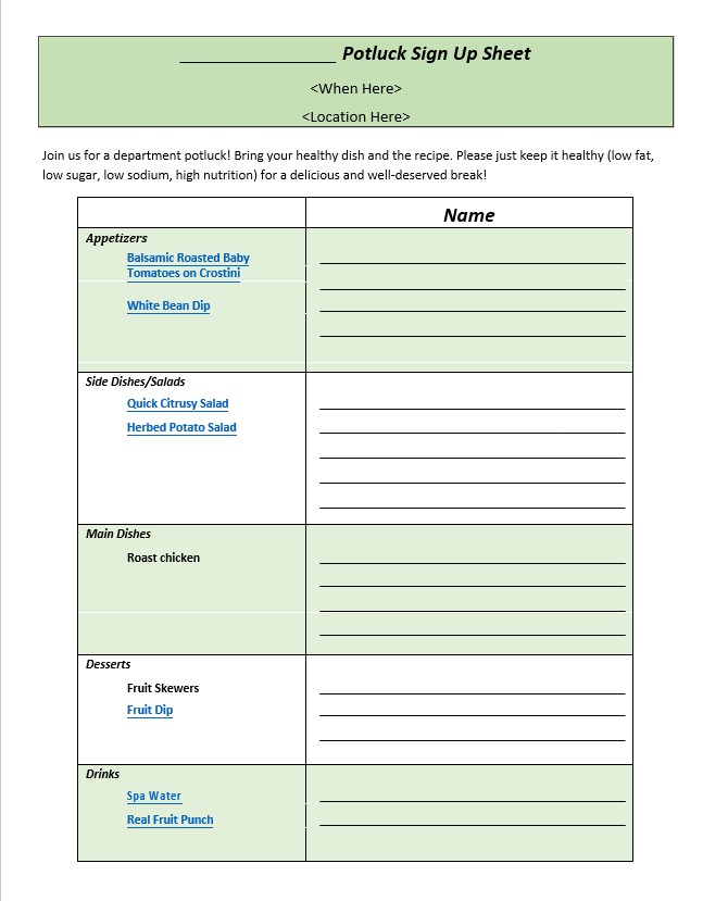 Potluck Sign Up Sheets Template