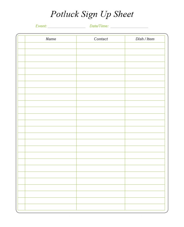 Potluck Sign Up Sheets