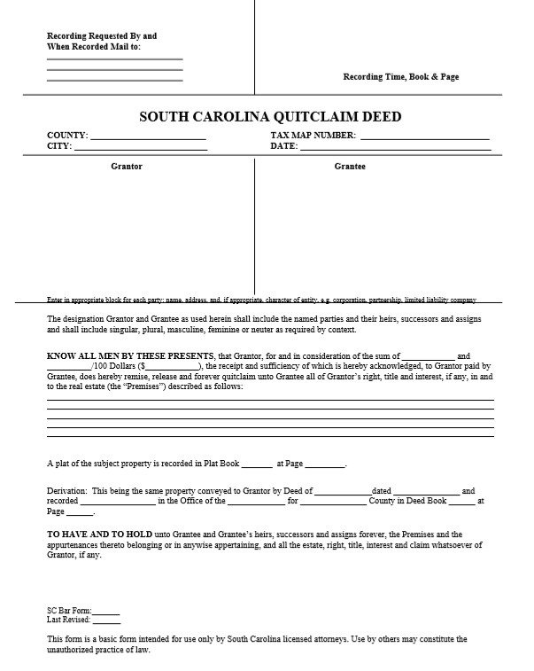 Quit Claim Deed South Carolina - Example Of Quit Claim Deed