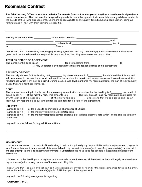 Roommate Agreement Contract