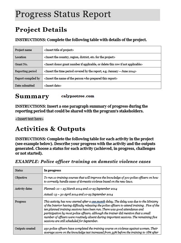 Progress Status Report Template - Simple report status template free