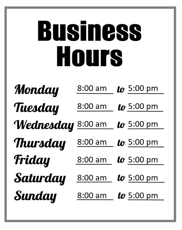 Business Hours Sign Template Business Hours Sign Template