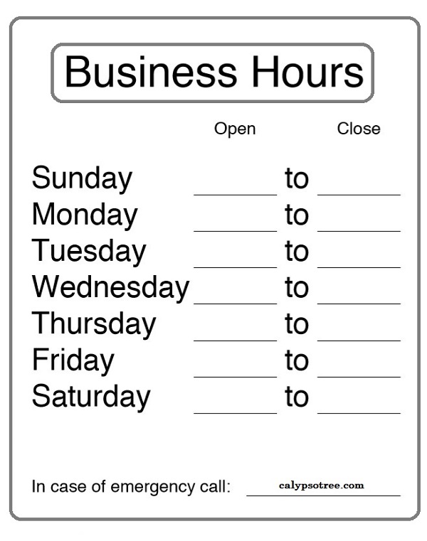 Business Hours Template Business Hours Template