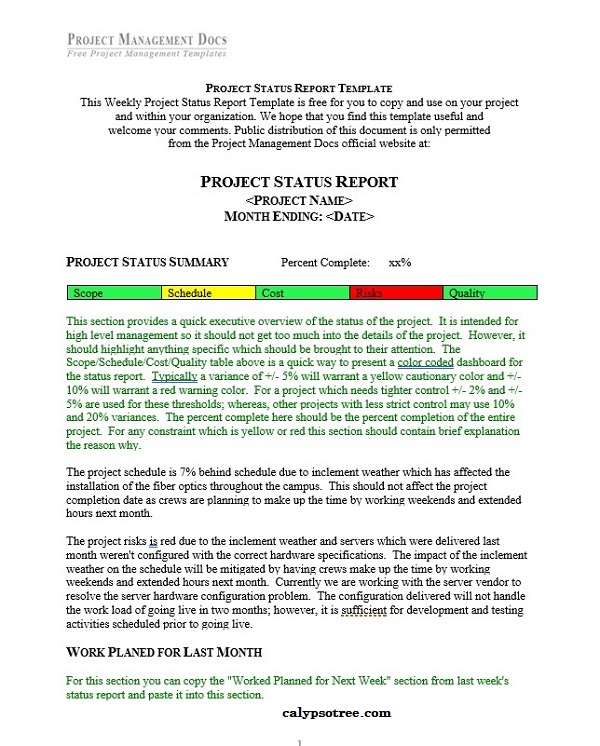 Status Report Project Management - Simple report status template free