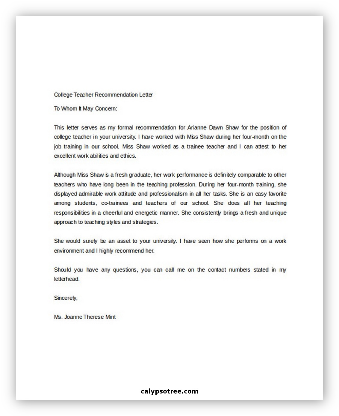 Letter of Recommendation for College 02