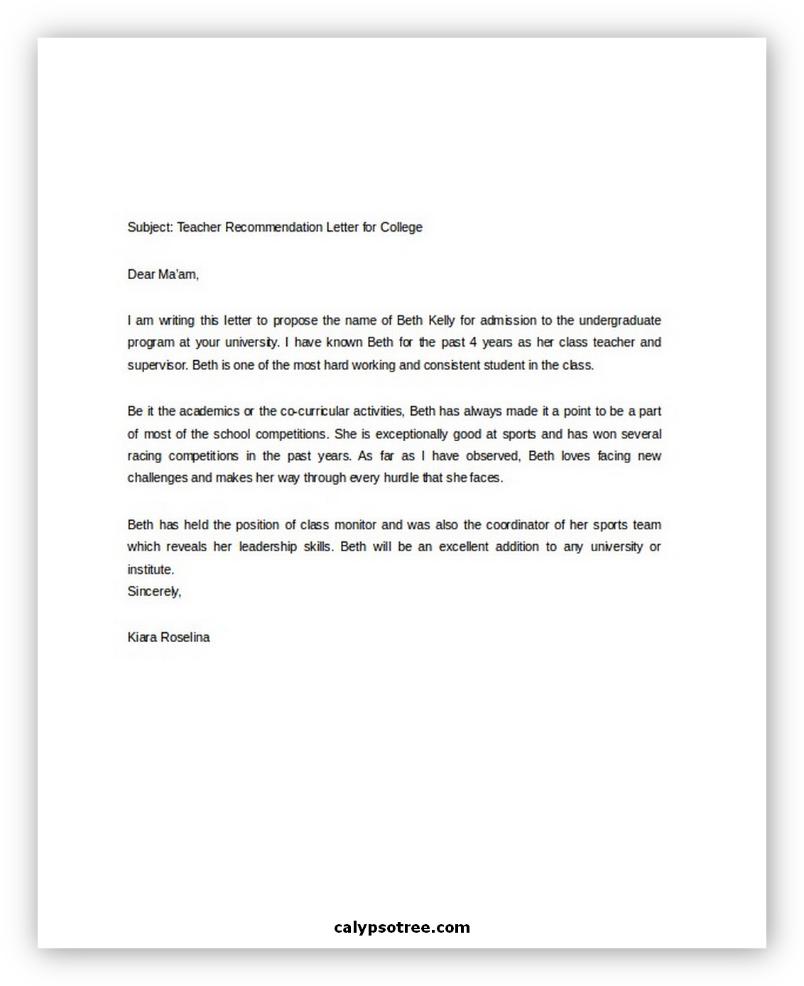 Letter of Recommendation for College 07