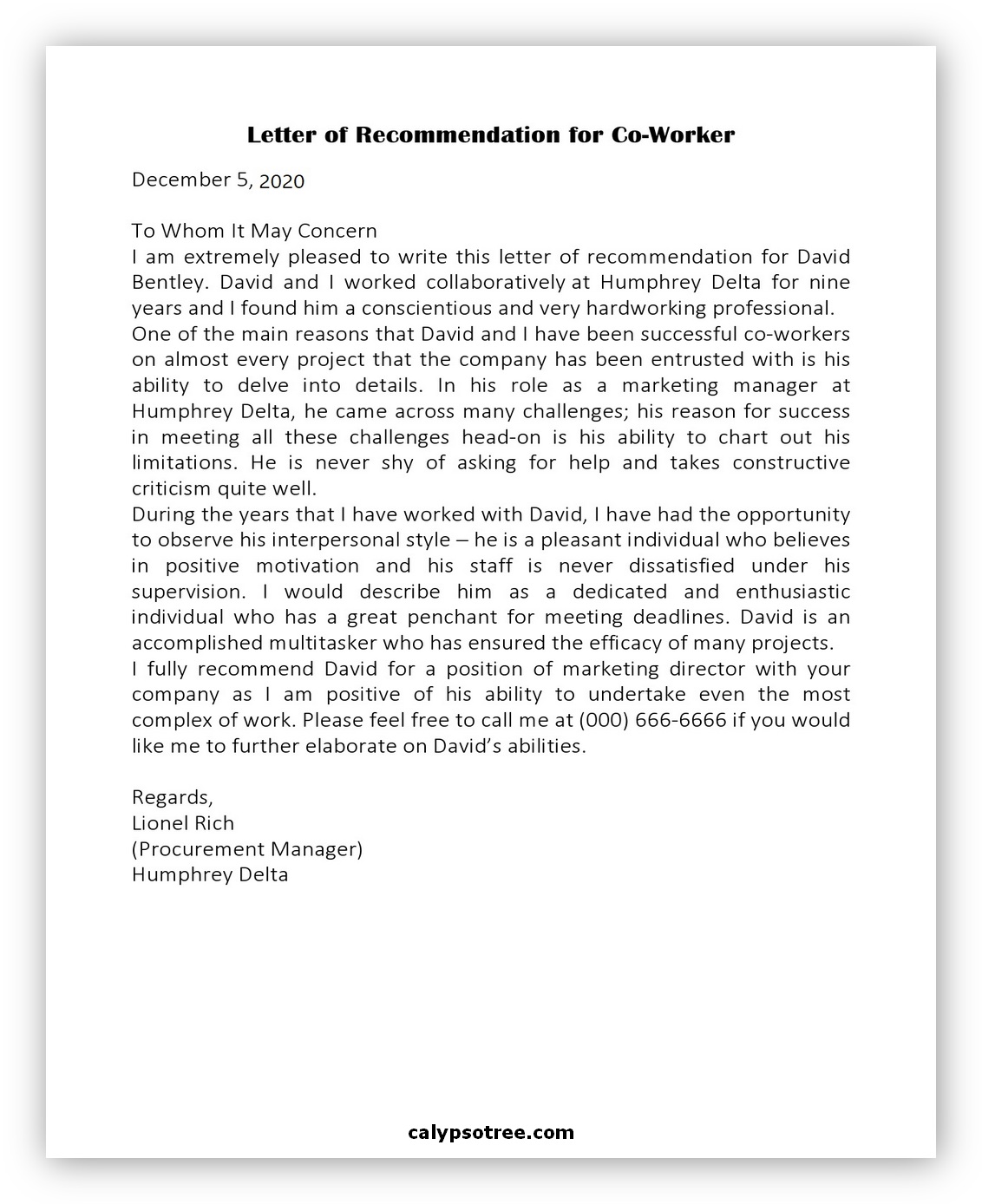 Letter of Recommendation for Coworker 01