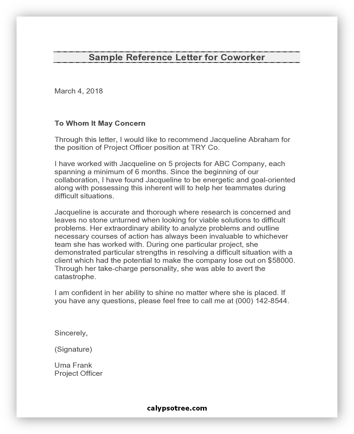 Letter of Recommendation for Coworker 05