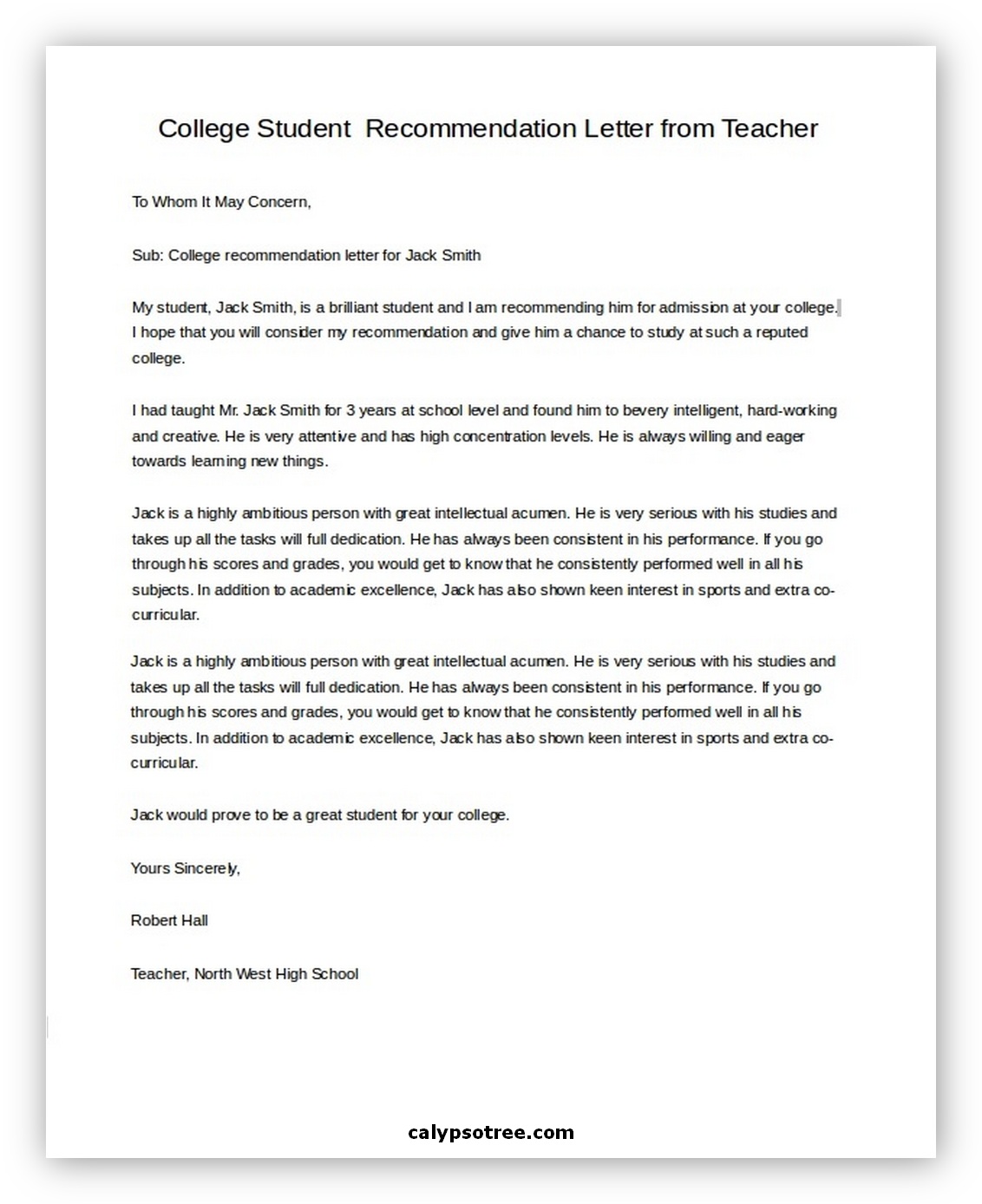 Letter of Recommendation for Student 01