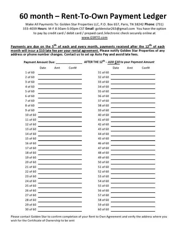 60 Month Rent To Own Payment Ledger