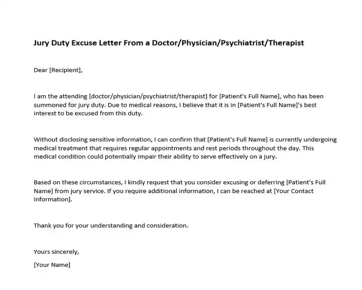 Jury Duty Excuse Letter From a Doctor Physician Psychiatrist Therapist