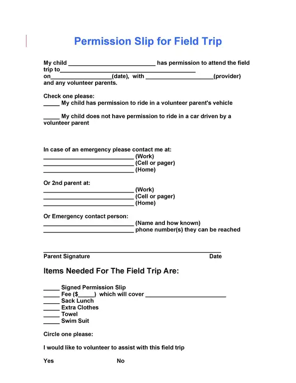 Permission Slip Template for Field Trip