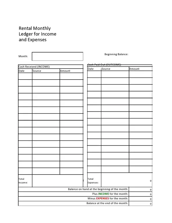 Rental Monthly Ledger for Income and Expense