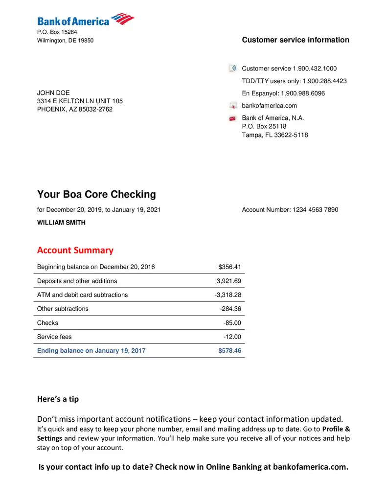 What Does a Bank Statement Look Like Bank of America Bank Statement