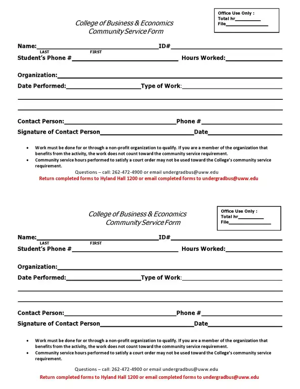 college of business econimics community service forms templates