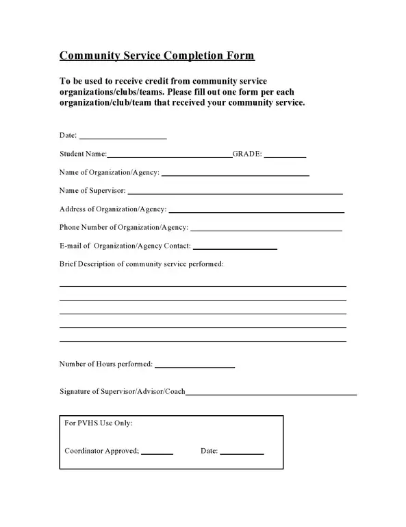 community service completion forms templates