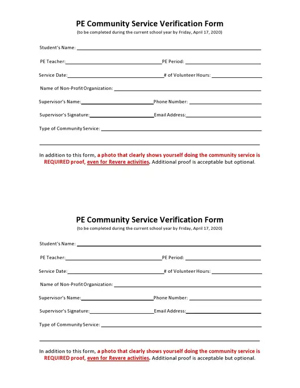 PE community service forms templates