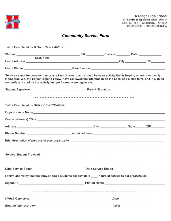 heritage high school community service forms templates