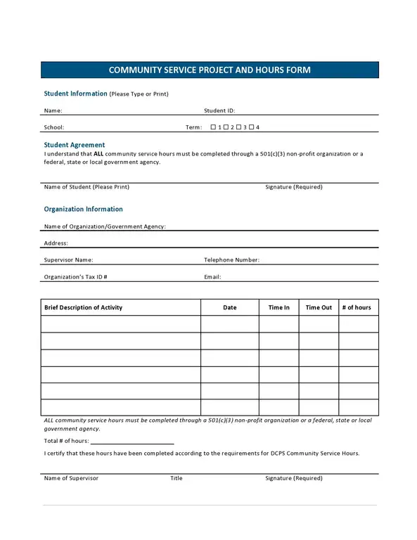 community service project and hours forms