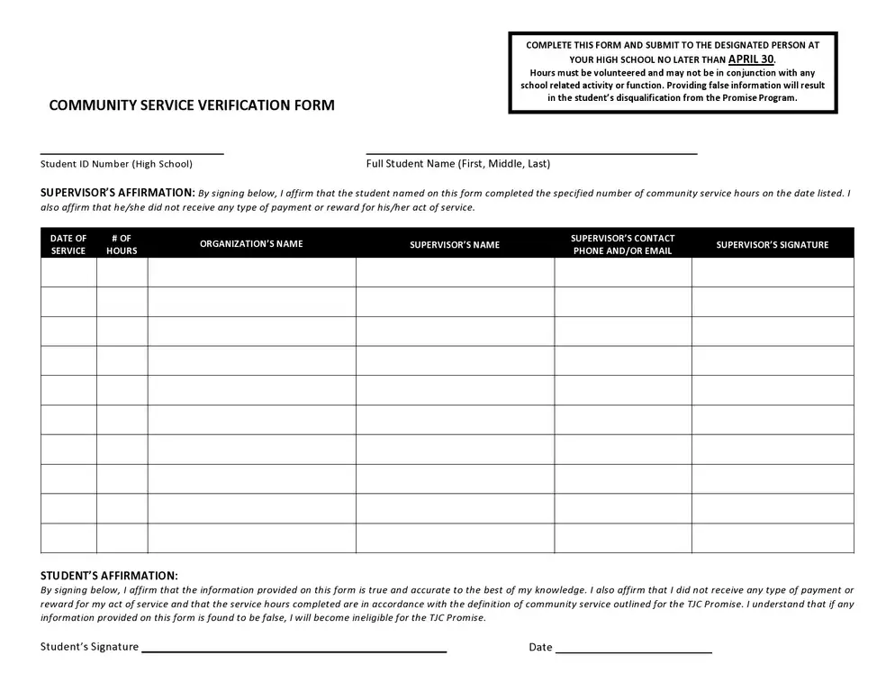 community service verification forms templates