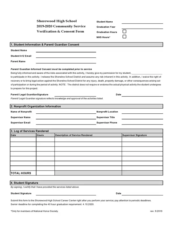 high school community service verification forms templates