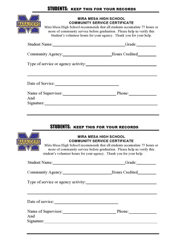 mira mesa high school community service forms templates