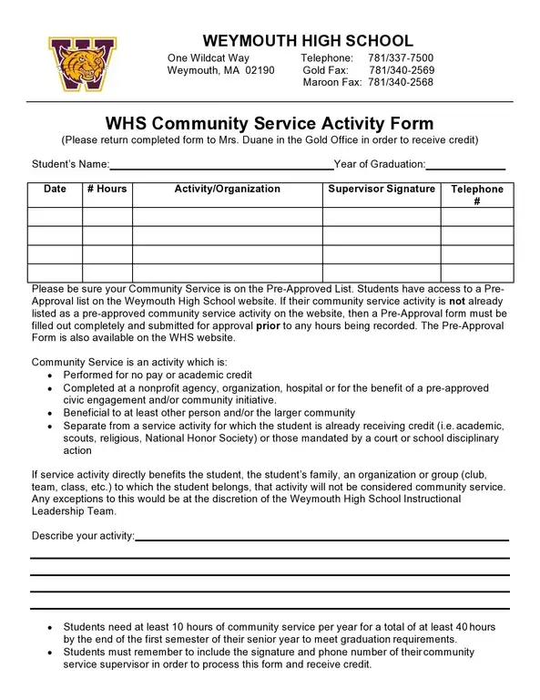 whs community service activity forms templates